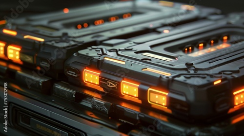 A close-up of a high-capacity battery pack, its surface reflecting the warm glow of LED indicators, indicating full charge. © Arbaz