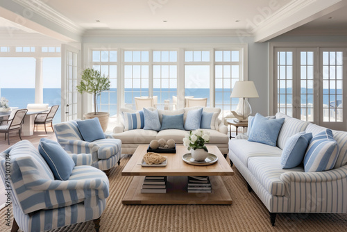 Nautical charm meets summer serenity in a living room filled with azure and sandy tones, where plush white furniture and panoramic views provide a perfect retreat