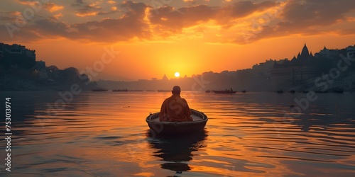 Serene sunset in Varanasi with ancient city architecture and a peaceful sadhu baba on a boat ride along the Ganges river in India. Concept Sunset Photography, Varanasi Architecture, Sadhu Baba