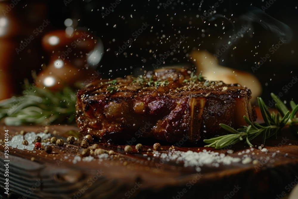 Grilled ribeye beef steak,Herbs and spices on a dark table Grilled ribeye beef steak,Herbs and spices on a dark table