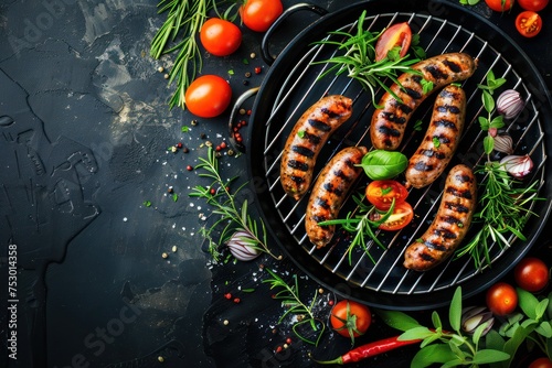 Grilled sausage with the addition of herbs and vegetables on the dark background. Grilling food  barbecue