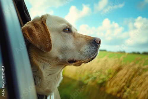 Golden Labrador Gazing Thoughtfully on a Car Ride Through the Fields - Generative AI