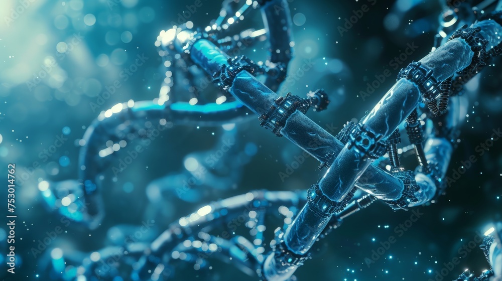 © Cheetose - DNA double helix being intertwined with high-tech robotic arms implying a blend of biology and technology. © Cheetose - DNA double helix being intertwined with high-tech robotic arms implying a blend of biology and technology.