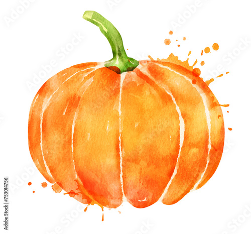 Vector isolated watercolor illustration of pumpkin with paint splashes.
