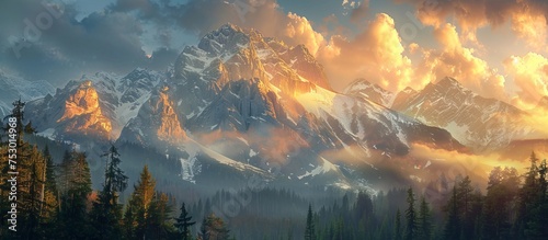 Sunset light sets snow-capped mountain peaks ablaze above a tranquil evergreen forest.