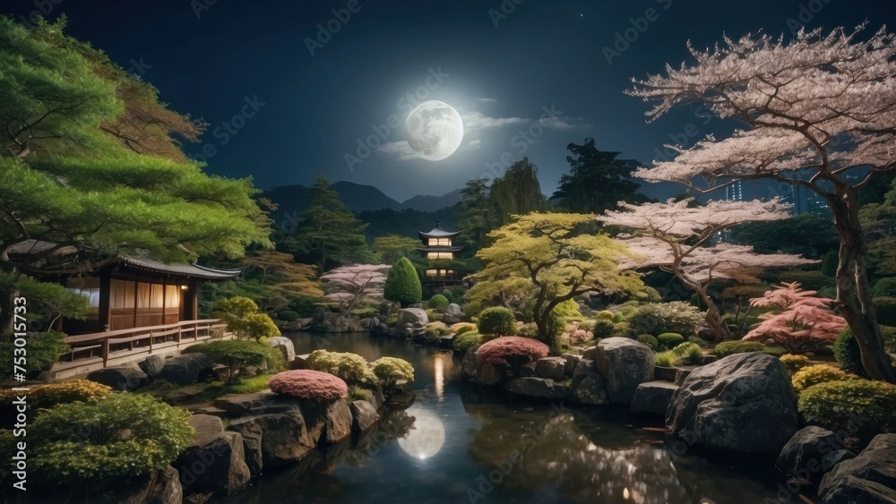 Enchanting atmosphere when you are looking at the full moon in the night sky, surrounded by the beauty of the Japanese garden Enchanting atmosphere when you are looking at the full moon in the night sky, surrounded by the beauty of the Japanese garden