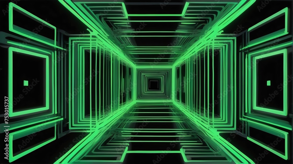 Holographic vibrant green neon concentric squares on plain black background from Generative AI Holographic vibrant green neon concentric squares on plain black background from Generative AI