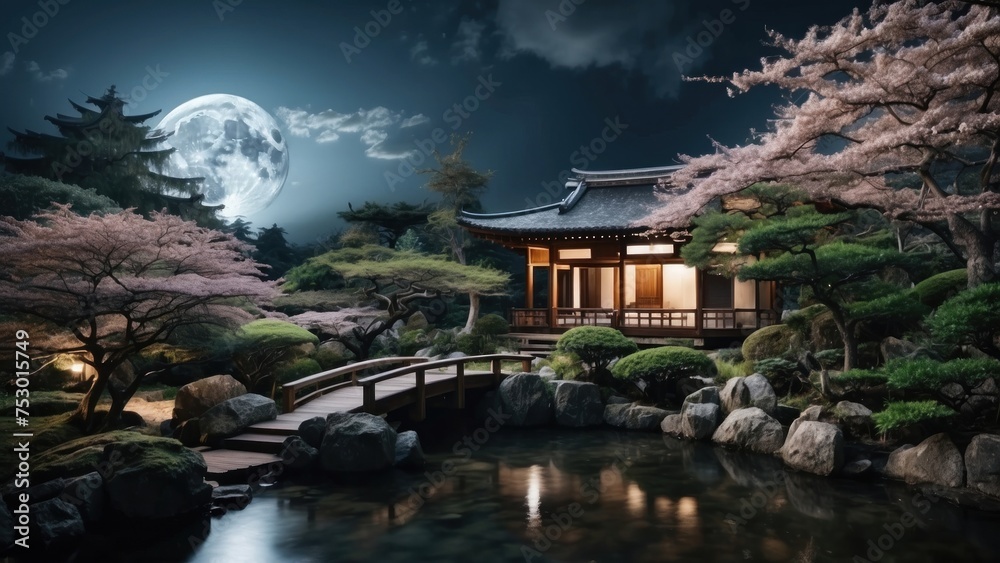 Enchanting atmosphere when you are looking at the full moon in the night sky, surrounded by the beauty of the Japanese garden