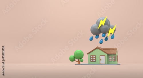 House with heavy cloud, cloudy weather, cloud with rain (3d illustration)