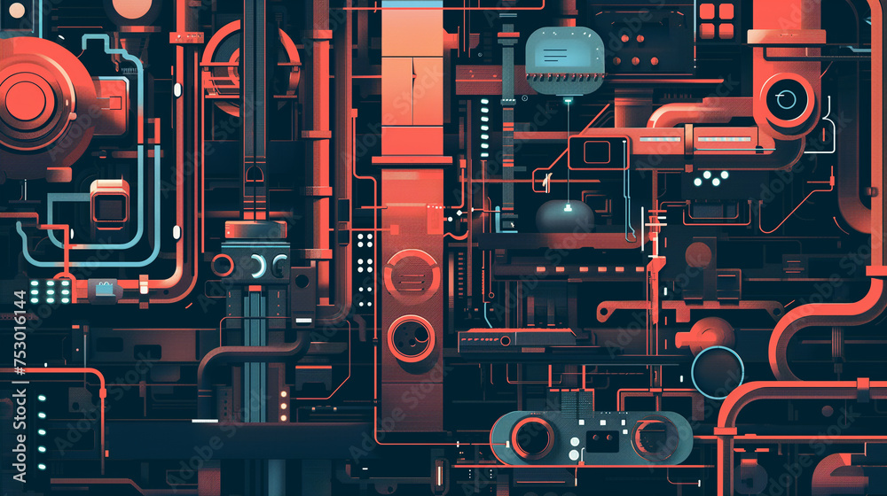 Digital Nexus: Cybernetic Industrial Complex in Neon Tech Style