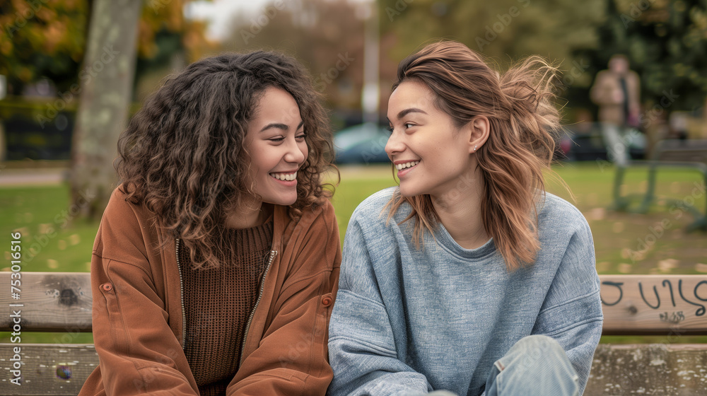 Fototapeta premium Two young women friends sitting on park bench, laughing and talking to each other in the city park