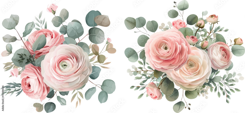 Nude pink ranunculus, eucalyptus vector design bouquet - obrazy, fototapety, plakaty 