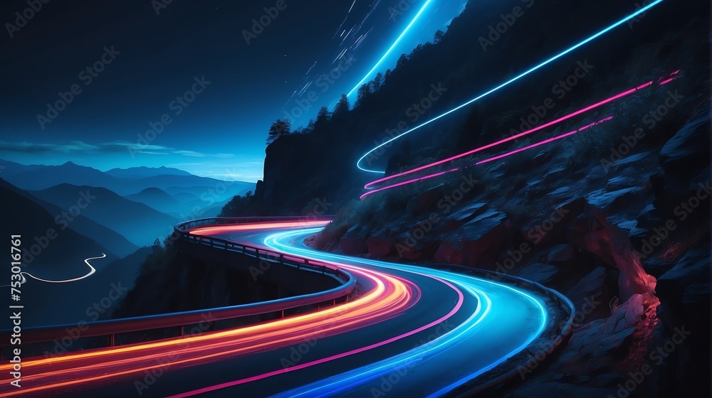 Warp speed blue neon lights motion on a winding curved road at the side of a mountain cliff from Generative AI - obrazy, fototapety, plakaty 