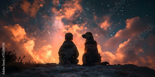 A boy sits with his dog on a hill gazing at a starfilled sky. Concept Nature  Friendship  Starry Night  Curiosity  Companionship