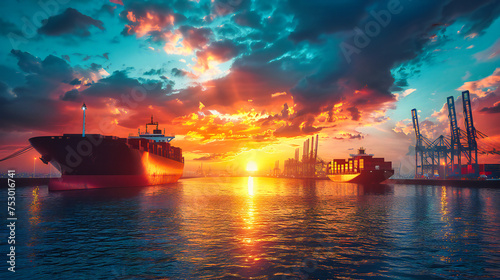 Twilight Harbor, Where Industry Meets the Sea, A Canvas of Cargo Under the Setting Suns Glow