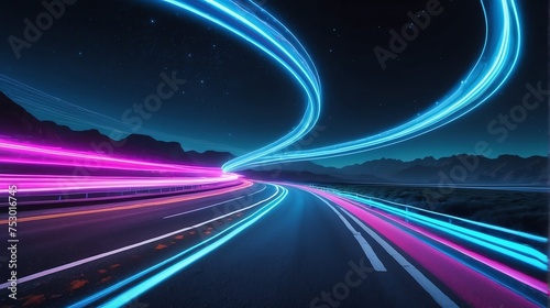 Warp speed blue neon lights motion on a winding curved road from Generative AI