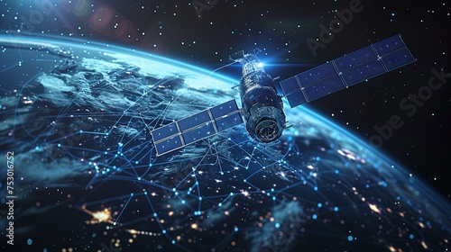 Satellite over planet Earth, Telecommunication blue hologram network.