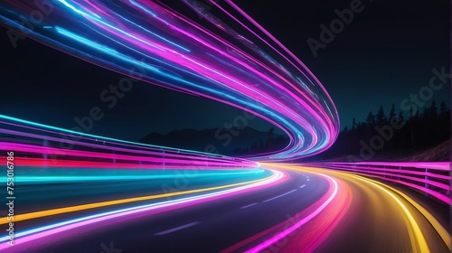 Warp speed colorful neon lights motion on a winding curved road from Generative AI