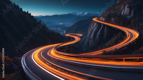 Warp speed orange neon lights motion on a winding curved road at the side of a mountain cliff from Generative AI © Arceli