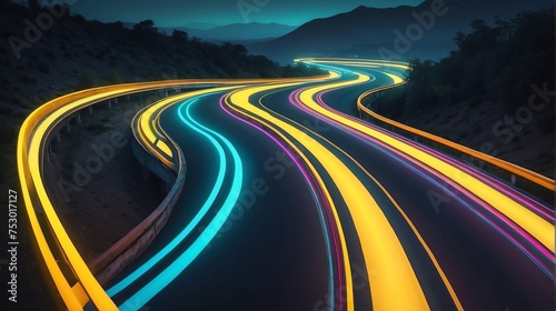 Warp speed yellow neon lights motion on a winding curved road from Generative AI