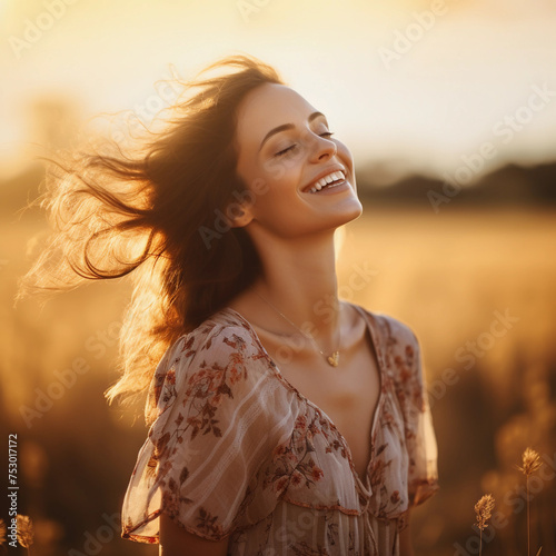 Backlit Portrait of calm happy smiling free woman with closed eyes enjoys a beautiful moment life on the fields at sunset 