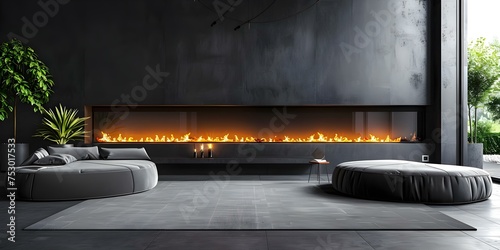 Modern fireplace with sleek design and warm ambiance for interiors centered professional photo copy space. Concept Fireplace Photography, Sleek Interior Design, Warm Ambiance, Professional Photo