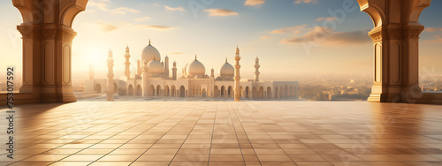 A spacious backdrop tailored for text, showcasing a grand mosque as the centerpiece photo