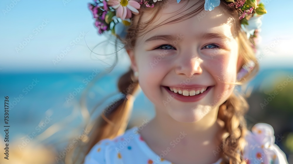 Little Girl in Floral Wreath Smiling Against the Sky, To evoke feelings of joy, freedom, and tranquility, showcasing the beauty of nature and the