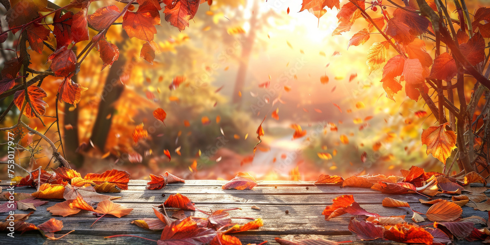 empty wooden in autumn, empty wood table on blurred natural autumn flower background with sunlight ,bokeh light, empty space, product display,banner empty wooden in autumn, empty wood table on blurred natural autumn flower background with sunlight ,bokeh light, empty space, product display,banner
