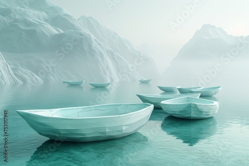 A group of boats are floating in a lake with a mountain in the background