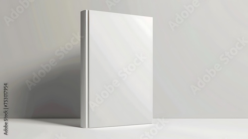 Blank vertical book cover template with pages in front side standing on white surface Perspective view