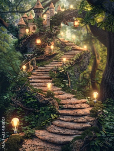 A fantasy scene with a castle and a long, winding staircase © jiawei
