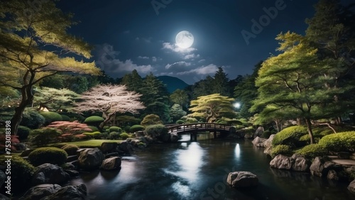 Enchanting atmosphere when you are looking at the full moon in the night sky, surrounded by the beauty of the Japanese garden © Damian Sobczyk