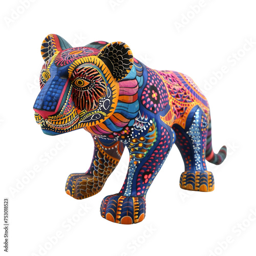 Hand-Painted Alebrije Tiger Sculpture with Vivid Patterns isolated