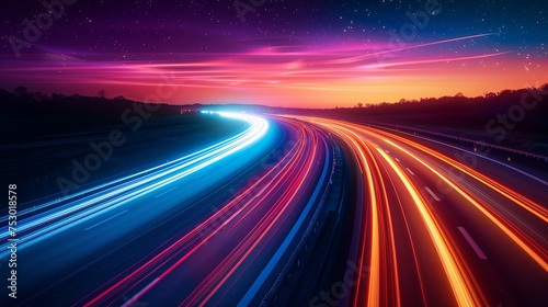 Long exposure light on highways to the city. High speed motion blur.