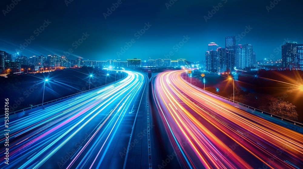 Long exposure light on highways to the city. High speed motion blur. Long exposure light on highways to the city. High speed motion blur.