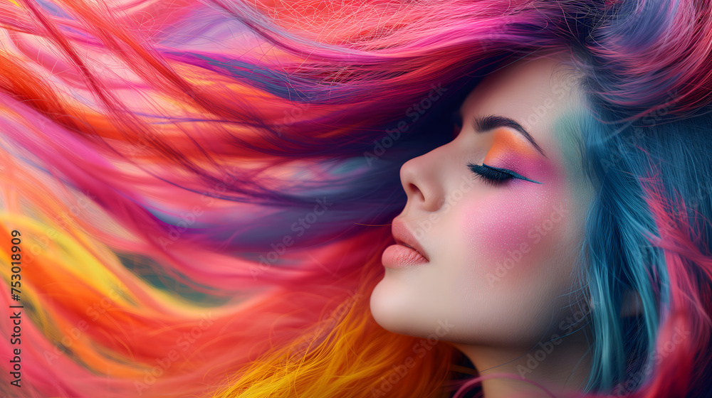 Colorful Hair and Makeup on Woman with Eyes Closed