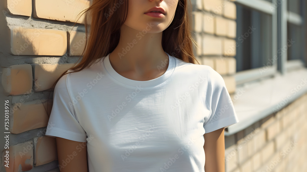 Woman in Plain White T-Shirt Leaning Against Brick Wall Woman in Plain White T-Shirt Leaning Against Brick Wall