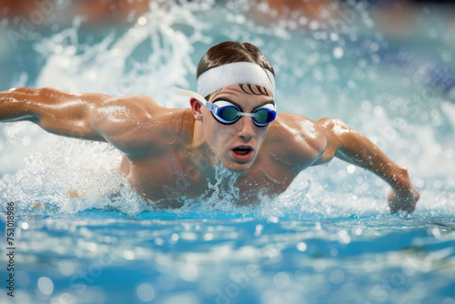 A man in a red and white swim cap is swimming in a pool. He is wearing goggles and a white swim cap with a red heart on it