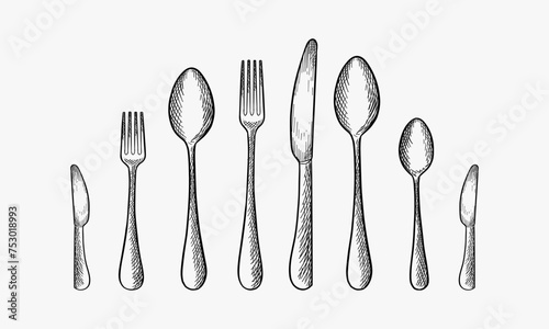 Cooking. Hand-drawn set of kitchen tools - spoon, fork, knife, bottle opener, teaspoon photo