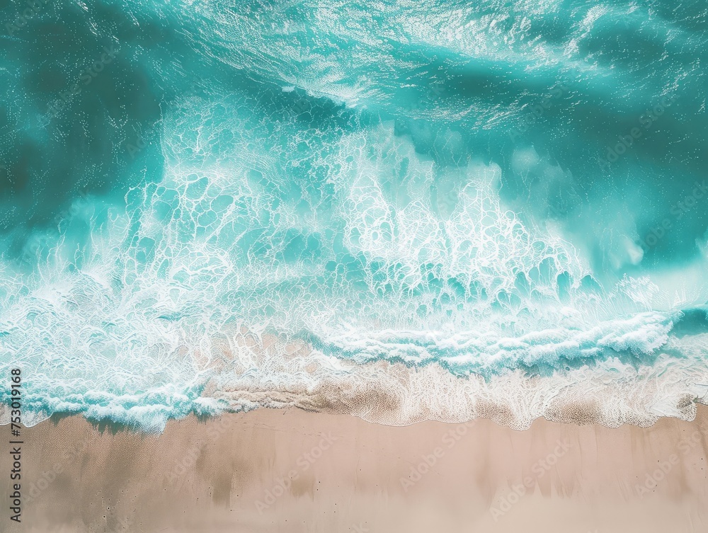 Aerial Shot of Turquoise Waves Crashing on Sandy Beach