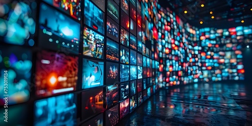 TV screens arrayed for broadcasting content multimedia display for communication. Concept TV screens, Multimedia Display, Broadcasting Content, Communication, Arrayed Display