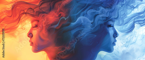 World Bipolar Day illustration. Two opposite woman faces with depression. Blue and red smoke faces in profile. March 30.