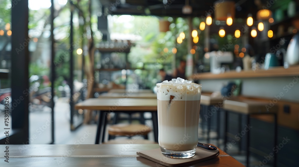Iced Milk Tea with Tapioca Pearls in a Cafe Setting Iced Milk Tea with Tapioca Pearls in a Cafe Setting
