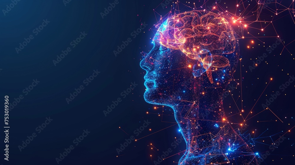 Brain Nervous System concept. Brain and thinking in a human head. Science for study and learn. Artificial Intelligence and Machine learning, AI Technology, Thinking Process concept. Brain Nervous System concept. Brain and thinking in a human head. Science for study and learn. Artificial Intelligence and Machine learning, AI Technology, Thinking Process concept.