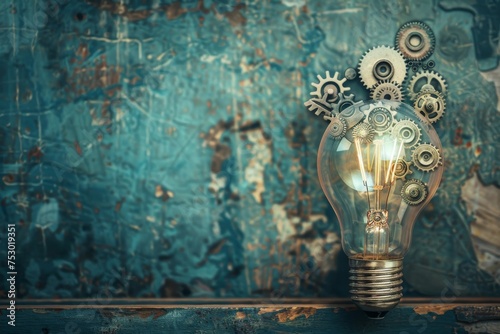 A light bulb is surrounded by gears  representing the idea of innovation