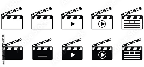 clapper board icons, collection of clapper board icons, Clapper board icon set. Open and closed movie clapper. Vector EPS 10 photo