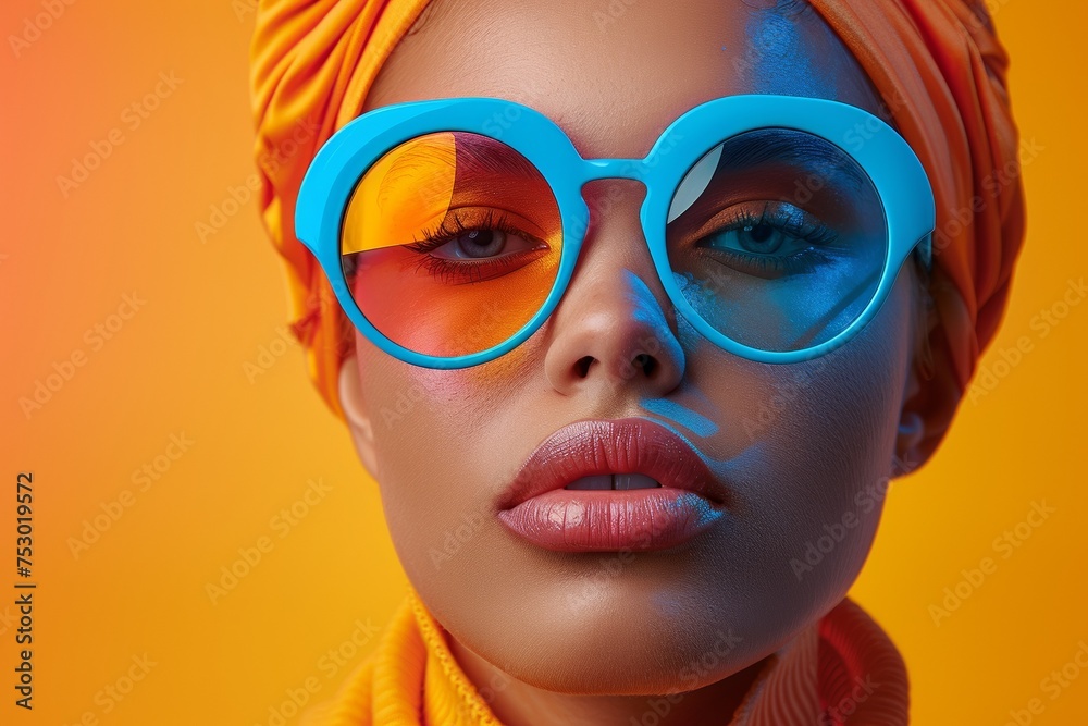 In a stylish studio portrait, a fashionable young woman captivates with her beauty, sporting trendy sunglasses, embodying a futuristic and chic vibe.
