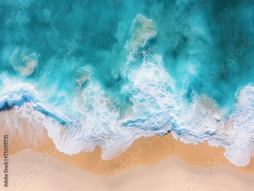 Aerial View of Turquoise Waves Crashing on Beach