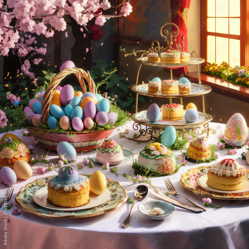 Easter colored eggs and Easter cakes on a white tablecloth